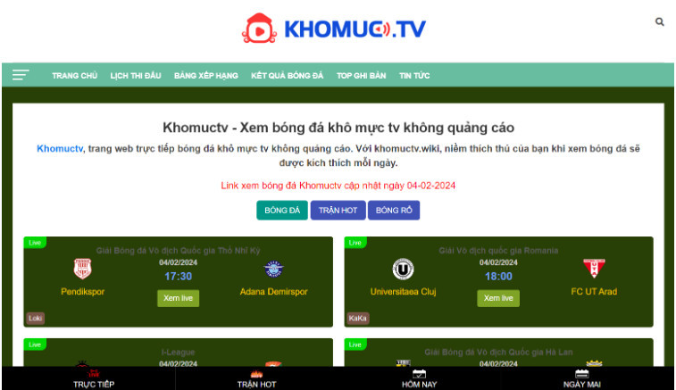 Xem bóng đá vô cùng đơn giản cùng với KhomucTV. Xem bóng đá vô cùng đơn giản cùng với KhomucTV.